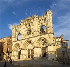 Frontage of cathedral church building, Cuenca, Castille La Mancha, Spain, Gothic architecture,