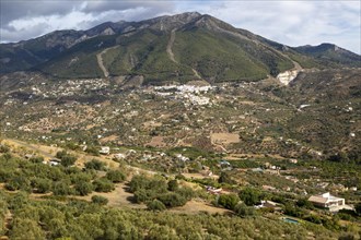 Landscape view to Alcaucin village and Maroma mountain, Sierra de Tejeda, Axarquia, Andalusia,