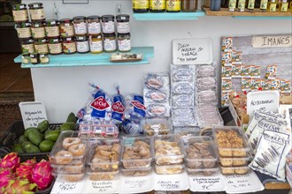 Display of local food specialities on sale outside shop, Frigiliana, Axarquia, Andalusia, Spain,