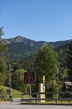 Mountain village Ebnit, municipality Dornbirn, Bregenzerwald, alpine view, traffic sign, attention,