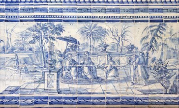 Blue and white azulejo tiles Oriental Far Eastern scene China, University of Evora, Portugal,