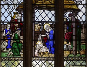 Stained glass window of nativity church of Saint Mary, Hemington, Somerset, England, UK