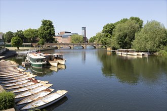 Royal Shakespeare Company theatre from the River Avon, Stratford-upon-Avon, Warwickshire, England,