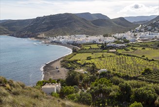Landscape view of coastline and village of Las Negras, Cabo de Gata natural park, Almeria, Spain,