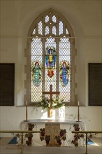 Stained glass window St Michael with angels by E Dilworth c 1950s/60s Tunstall church, Suffolk,