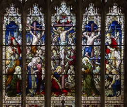 Stained glass east window of Crucifixion c1891 J Hardman, Aldeburgh church, Suffolk, England, UK