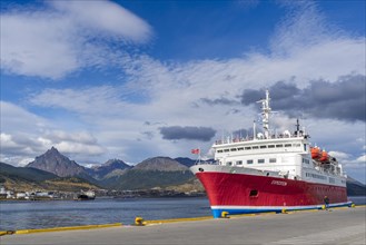 Cruise ship named Expedition in the harbour at the Beagle Channel, Ushuaia, Tierra del Fuego