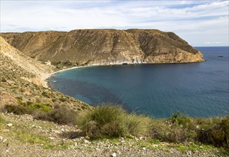 Coastal view to abandoned village of Cala de San Pedro, Cabo de Gata Natural Park, Almeria, Spain,
