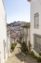 Cobbled street in Judiara the former Jewish part of Castelo de Vide, Alto Alentejo, Portugal,
