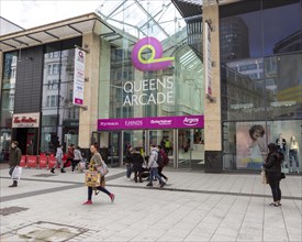 Entrance to Queens Arcade shopping centre, Queen Street, Cardiff, South Wales, UK