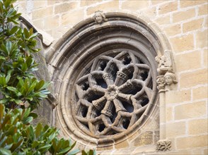 Carved window Gothic stonework details, church of San Juan, Laguardia, Alava, Basque Country,