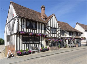 Half timber black and white historic building traditional pub, the Bell Inn, Kersey, Suffolk,