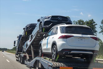 Car transporter with a new Mercedes car travelling on the A 65 (Rhineland-Palatinate)