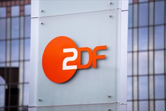 Close-up of the ZDF logo at broadcasting centre 2 in Mainz