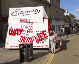 Large mobile Christian religious advertising boards in town centre street, Chippenham, Wiltshire,