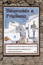 Bienvenido ceramic welcome sign to village, pueblo blanco ceramic mosaic, Frigiliana, Axarquia,