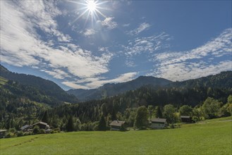 Mountain village Ebnit, municipality Dornbirn, Bregenzerwald, alpine view, backlight, Voralberg,