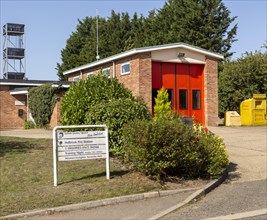 Rural fire station building at village of Holbrook, serving Shotley peninsula, Suffolk, England, UK
