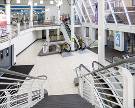 Escalators inside the Shires shopping centre, Trowbridge, Wiltshire, England, UK