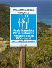 Praia das Adegas naturist beach sign, Odeceixe, Algarve, Portugal, Europe
