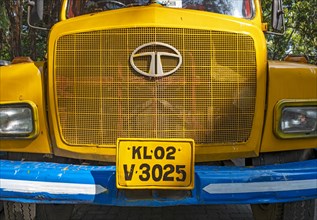 A detailed view of the front hood of colorful old Tata truck, Fort Kochi, Cochin, Kerala, India,