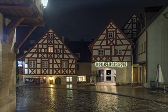 Historic half-timbered houses in the old town at night near Regen, Lauf an der Pegnitz, Middle