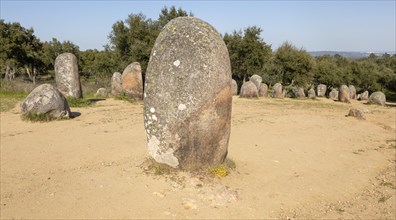 Neolothic stone circle of granite boulders, Cromeleque dos Almendres, Evora district, Alentejo,