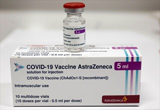 Vaccination vial and pack with the Covid19 vaccine Astra Zenica, Schoenefeld, 26/02/2021