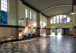 Entrance area waiting hall with artwork Four Elements by Horst Bohatschek, Loehne railway station,