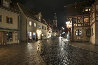 Historic half-timbered houses in the old town at night near Regen, Lauf an der Pegnitz, Middle