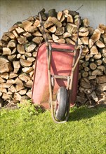Old red metal wheelbarrow leaning against pile wood logs in garden, Cherhill, Wiltshire, England,