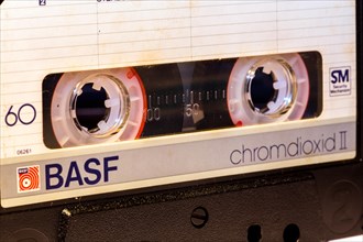 Close-up of a BASF audio cassette from the 1980s