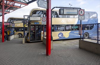 Buses at bus station in town centre, Swindon, Wiltshire, England, UK