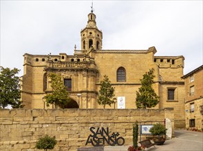 Historic church of the Ascension and village sign for San Asensio, La Rioja Alta, Spain, Europe
