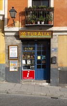 Small shop Turalia, offering tourist guides in historic part of Cuenca, Castille La Mancha, Spain,