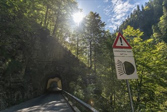 Mountain village Ebnit, municipality Dornbirn, tunnel, valley Ebniter Arche, traffic sign,