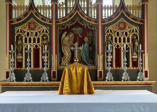 Church of Saint Mary, Kettlebaston, Suffolk, England, UK altar, and reredos by Ernest Geldart