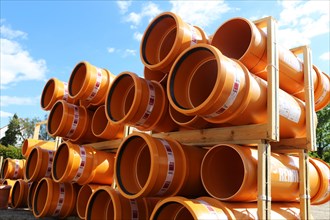 Stack of KG pipes on a construction site (Mutterstadt, Germany, 15/05/2019), Europe