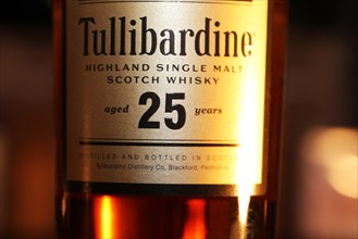 Close-up of a bottle of Tullibardine Single Malt 25 Years whiskey