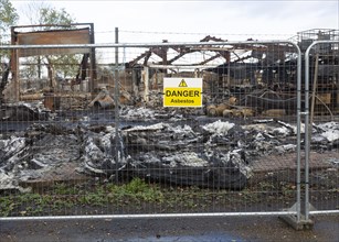 Industrial building destroyed by fire, Hatcher Components Ltd, Parham airfield, Suffolk, England,