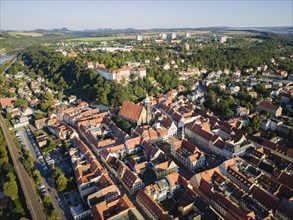 Pirna on the Elbe. General view of the old town centre with town hall, market square, St. Mary's