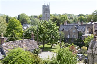 View of historic buildings and church at Bruton, Somerset, England, UK