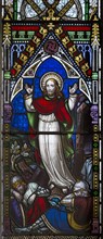 Victorian stained glass window detail depicting the risen Jesus Christ circa 1858 by William Wailes