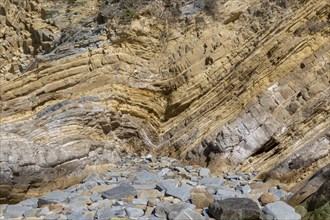 Strata of sandstone sedimentary rock in a coastal cliff with layers folded down to form a