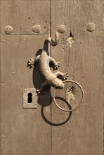 Close up of gecko lizard metal door handle, Frigiliana, Axarquia, Andalusia, Spain, Europe