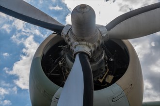 Low angle view of three bladed propeller and cowling of radial engine in Seosan, South Korea, Asia