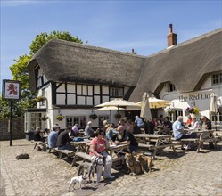 People drinking outside historic thatched Red Lion pub, Avebury, Wiltshire, England, UK