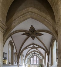 Three bays of stone vaulting in the chancel in the church at Bishops Cannings, Wiltshire, England,