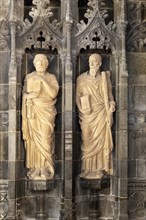Stone carved reredos figures Saint Peter and Saint Andrew, church of Saint Andrew, Bramfield,