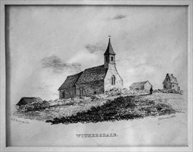 Nineteenth century picture engraving print of church at Withersdale, Suffolk, England, UK